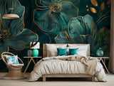 Modern floral wallpaper in teal with opulent gold accents