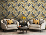 Detailed floral and bird wallpaper in soft yellow and blue hues