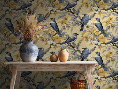 Vintage bird and floral wallpaper in blue and soft yellow tones