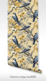 Nature-themed vintage wallpaper featuring birds and leaves on a warm background