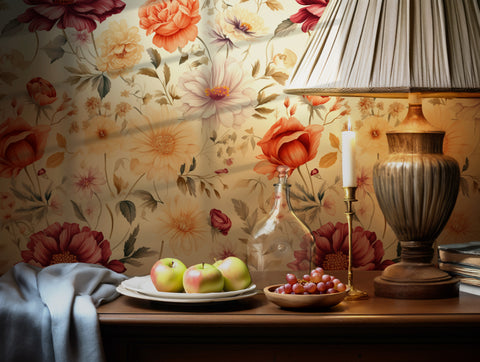 Vintage-inspired floral wallpaper with red, peach, and cream flowers