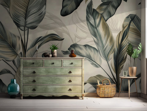 Modern tropical banana leaf wallpaper with green and beige tones