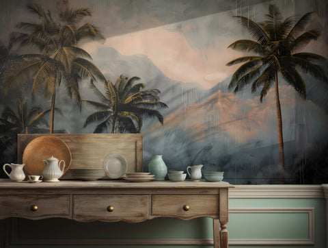 Bohemian tropical wallpaper with palm trees and misty mountain landscape