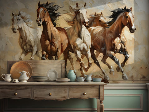 Galloping wild horses wallpaper art for rustic home decor