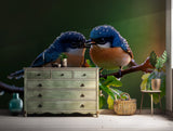 Two bluebirds perched on a branch with morning dew wallpaper for wall decor