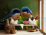 Realistic bird wall art showing two bluebirds on a leafy branch