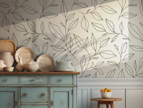 Minimalist line art leaf wallpaper with black-and-white design for modern decor