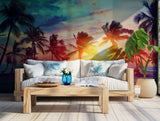 Tropical palm tree silhouette against a colorful sunset for beach-inspired decor