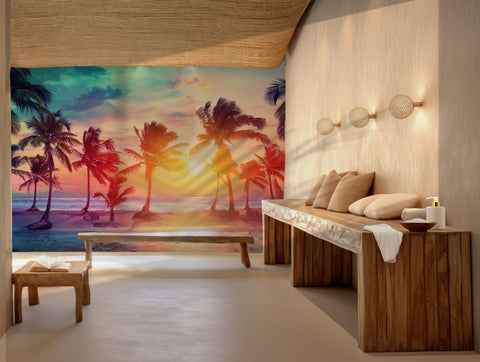 Vibrant tropical beach wallpaper with sunset and palm trees for wall decor