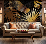 Bold tropical floral wall mural with earthy tones and dark background