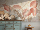 Elegant tropical leaf wall mural in pink and gold tones for bedroom decor