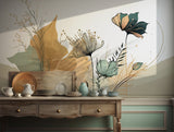 Vintage botanical wall mural with earthy green and gold tones for dining room decor