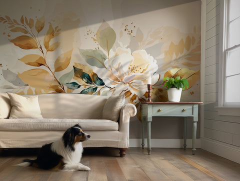 Elegant floral wall mural in beige and gold tones for spa or bedroom decor