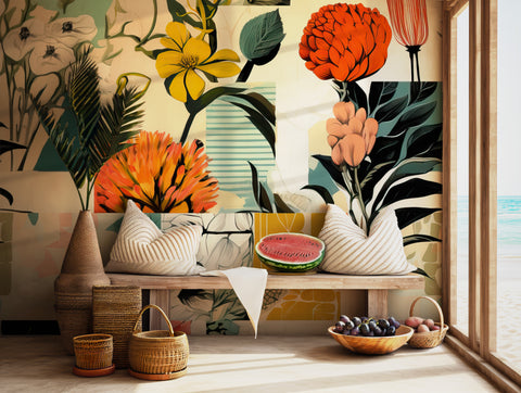 Modern floral collage wallpaper with bold colors for contemporary wall decor