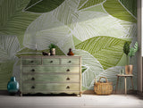 Botanical leaf wallpaper in shades of green for refreshing home decor