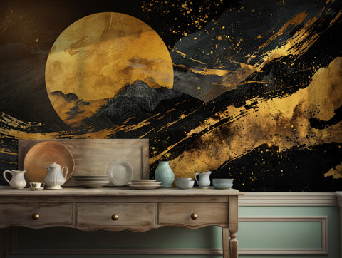 Abstract golden moon and mountain landscape wallpaper for luxurious wall decor