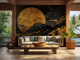 Luxury wall art with an abstract golden moon over dark textured mountains