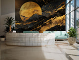 Mystical golden and black wallpaper featuring celestial and mountain elements