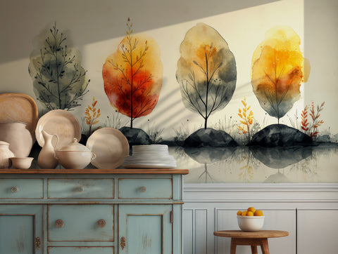 Watercolor illustration of autumn trees with reflection on a serene wallpaper background