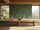 Elegant floral and bird patterned wallpaper in green for living room decor