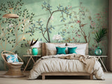 Elegant nature-inspired wallpaper in soft green with floral garden motifs