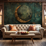 Golden crescent moon design on a distressed teal wallpaper