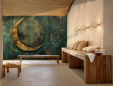 Celestial-themed wallpaper with crescent moon and teal backdrop