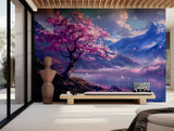 Elegant wall decor featuring a vibrant pink tree and tranquil water view