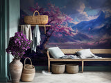 Nature-inspired wallpaper with cherry blossoms and mountain scenery