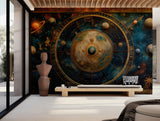 Vintage-inspired celestial wallpaper with planets and zodiac symbols