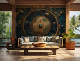 Celestial map wallpaper featuring gold and blue tones with detailed constellations