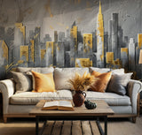 Luxurious metallic cityscape wallpaper featuring a textured urban skyline