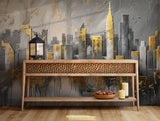 Abstract gold and grey urban skyline wallpaper with textured cityscape design