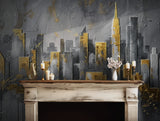 Modern grey and gold wallpaper with abstract cityscape design