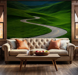 Green hills and winding road wallpaper for a peaceful room ambiance