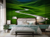 Nature-inspired wallpaper with a curving road in lush green landscape