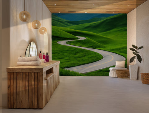 Winding road through vibrant green hills wallpaper for serene decor