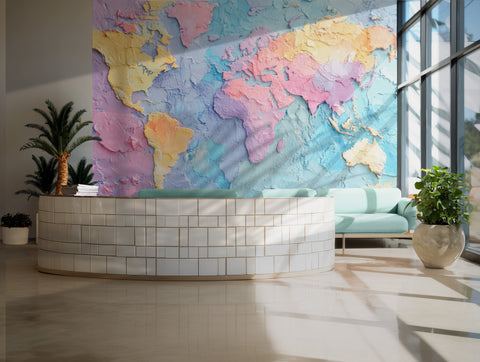 Pastel-colored textured world map wallpaper for home decor