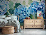 Botanical wallpaper featuring vibrant blue hydrangeas and lush greenery for home decor