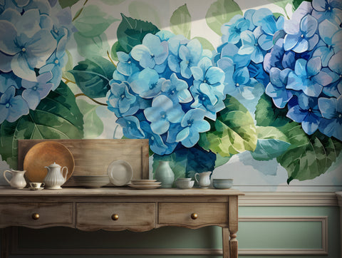 Blue hydrangea floral wallpaper with large blooms and green leaves for nature-inspired decor.