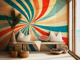 Vintage swirl pattern wallpaper with blue, orange, and cream colors for a retro aesthetic