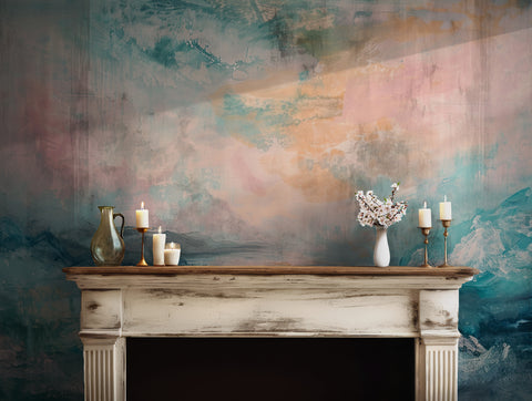 Abstract pastel ocean wallpaper with teal, pink, and beige tones for a calming ambiance