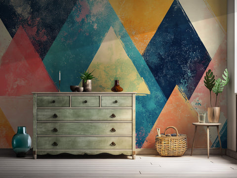 Abstract colorful geometric wallpaper with bold triangles in teal, coral, yellow, and navy