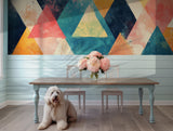 Dynamic geometric wallpaper featuring a mix of colorful triangles and textures