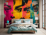 Artistic wallpaper with a bold face collage in vibrant pop art style