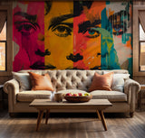 Modern art wallpaper featuring a colorful face collage for edgy wall decor