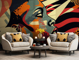 Graphic design wallpaper featuring a pop art-inspired portrait in dynamic colors