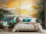 Nature-inspired wallpaper with lakeside scenery and golden sunset reflections