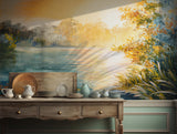 Tranquil lakeside sunset wallpaper with warm golden tones and nature reflections