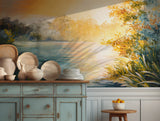 Calming wall art of a sunset by the lake with soft golden hour colors